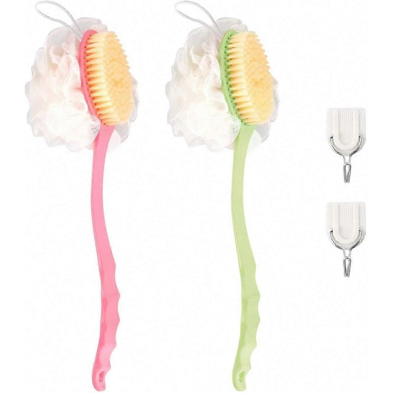 2 Pack Shower Body Brushes Back Scrubbers Bath Dry Brush Mesh Sponge with Curved Long Handle Exfoliating Skin(Green & Pink)