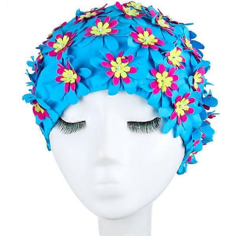 (Blue) Manual Rhinestone Flower Petal Retro Style Shower Cap