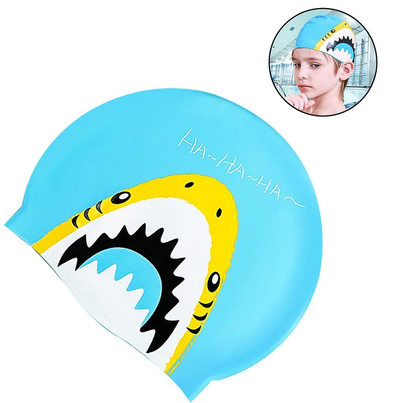 1 Pieces Swim Caps Waterproof Comfy Bathing Caps Non-Slip Cartoon Kids Swimming Hat-lake blue
