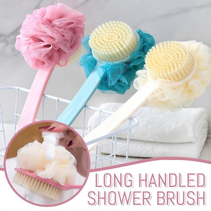 2 in 1  Long Handle Bath Spa Shower Brush Sponge Back Scrubber Body Puff Shower Loofah Washer Cleaning Tool