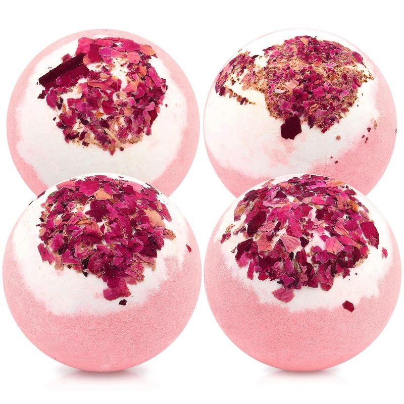 Dried Flower Bath Bombs Salt Balls Gift Set, 4 Pack with Rose Extract Essential Oils for Moisturizing and Relaxation