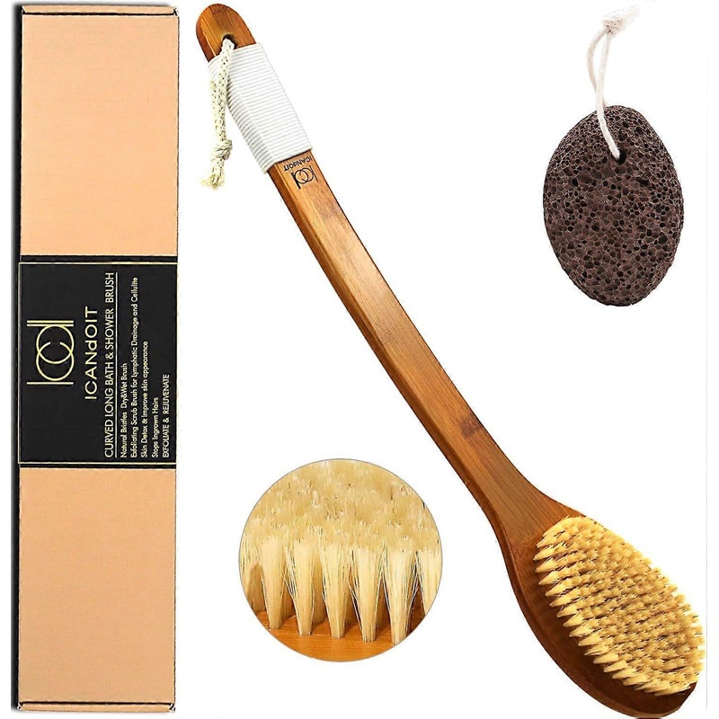 -17.71Inch Natural Boar Bristles Anti-Slip Long Handle Bath Brush,Bent Handle
