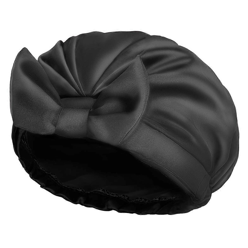 (Black) Extra Large Bow Shower Cap, Double Layer, Reusable, Silk Satin Women’s