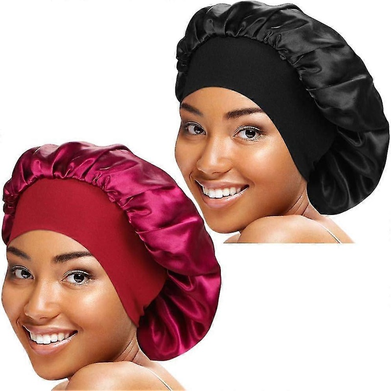 Wide Band Satin Cap Sleep Bonnet Soft Night Sleep Hat For Women2 Pieces-black, Wine Red