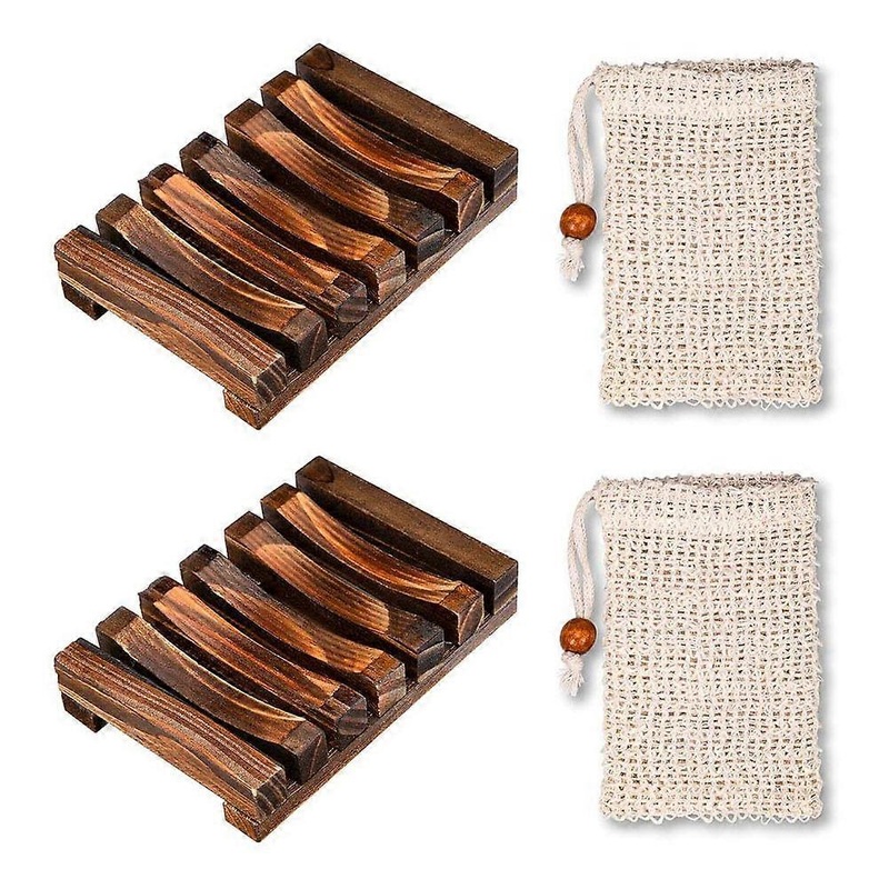 2 Pack Wooden Shower Soap Dish, 2 Pack Soap Bags, Natural Bamboo Soap Dish, Organic Soap Bags with Rope