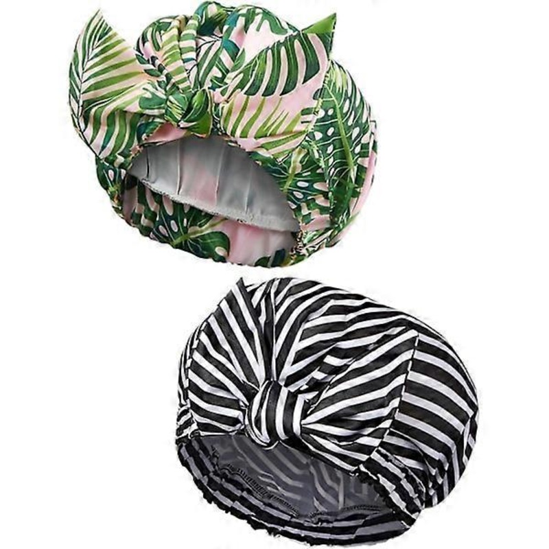 (Palm Leaf and Striped) 2-Pack Shower Caps for Women, Waterproof
