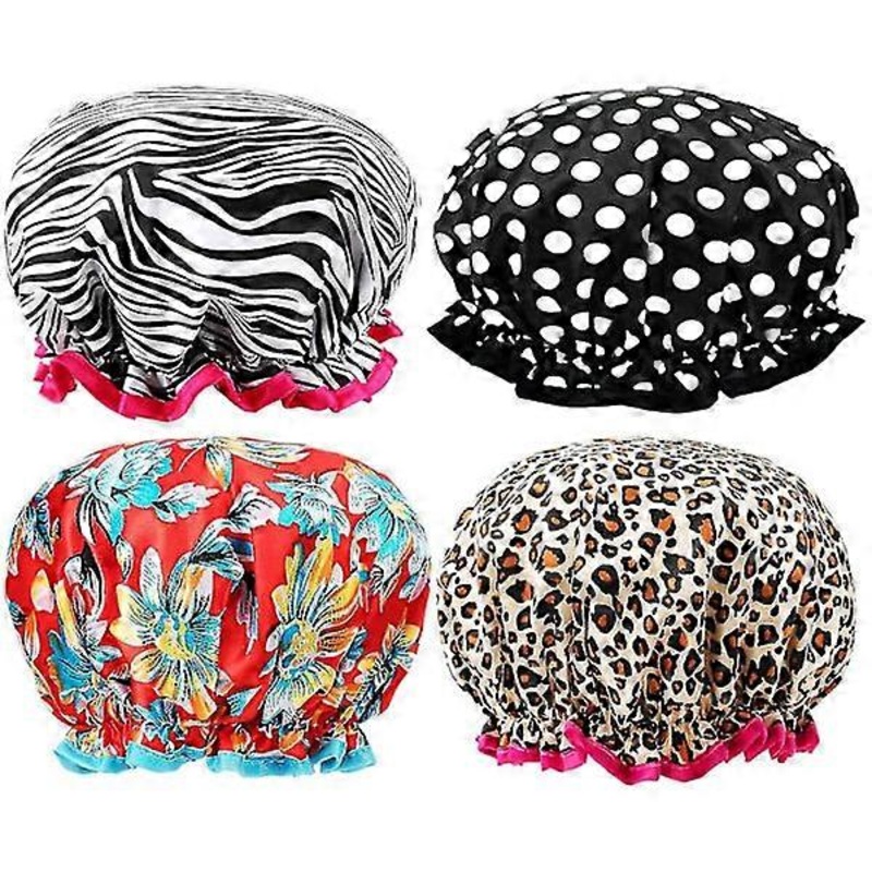 Women’s Shower Cap, 4-Pack, Luxury Double Layer Satin Shower Cap, Reusable Waterproof Elastic Spa Salon