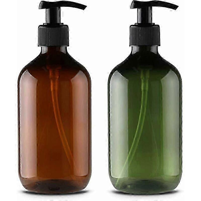 2 Empty Plastic Refillable Bottles for 500ml Lotion Shampoo Shower Cream Shower Gel Liquid Dispenser (Brown and Green)