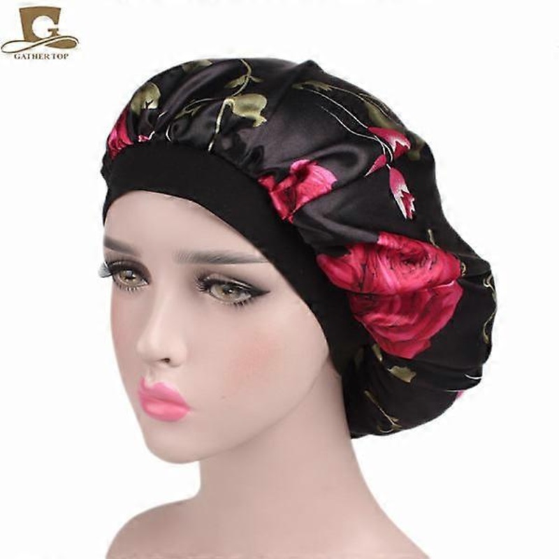 ( black flower) Wide Band Elastic Satin Nightcap for Women