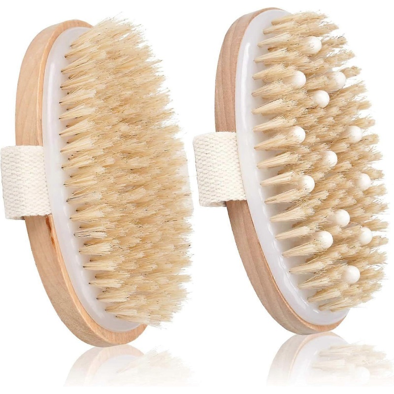 2 Pack Dry Brushing Body Brush, Natural Bristle Exfoliating Brush with Massage