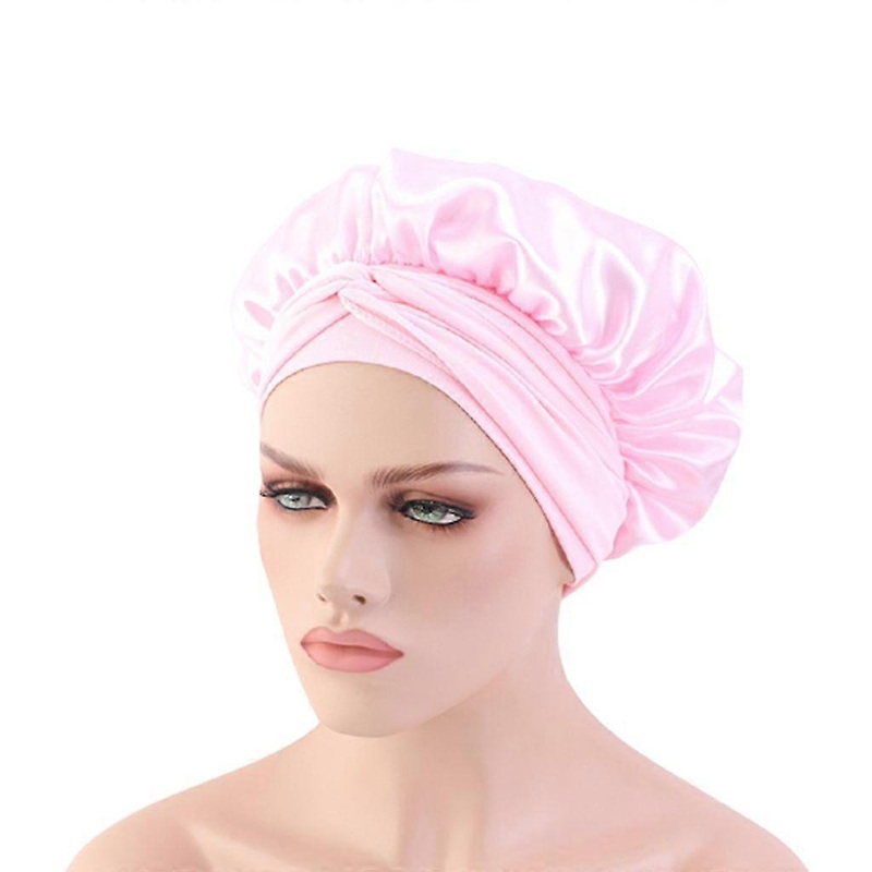 Women’s Solid Color Satin Fashion Elastic Silk Sleeping Cap Hair Care Cap Lace Headband – Pink