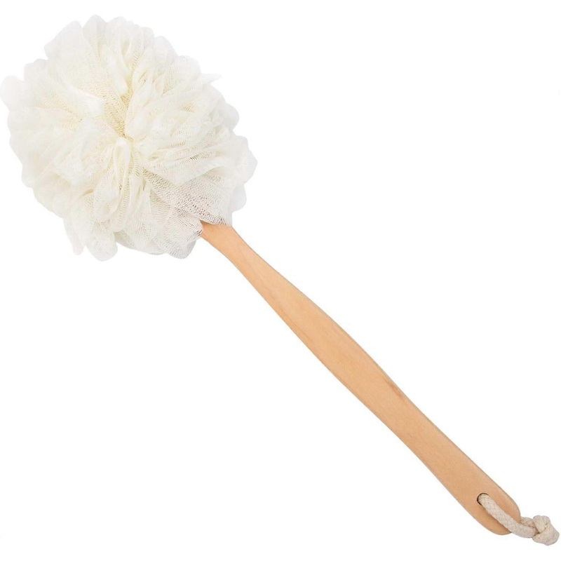 ZENGO Loofah Back Scrubber for Shower, Wooden Long Handle Bath Sponge Lufa Shower Brush, Soft Nylon Mesh Back Cleaner Washer(white)