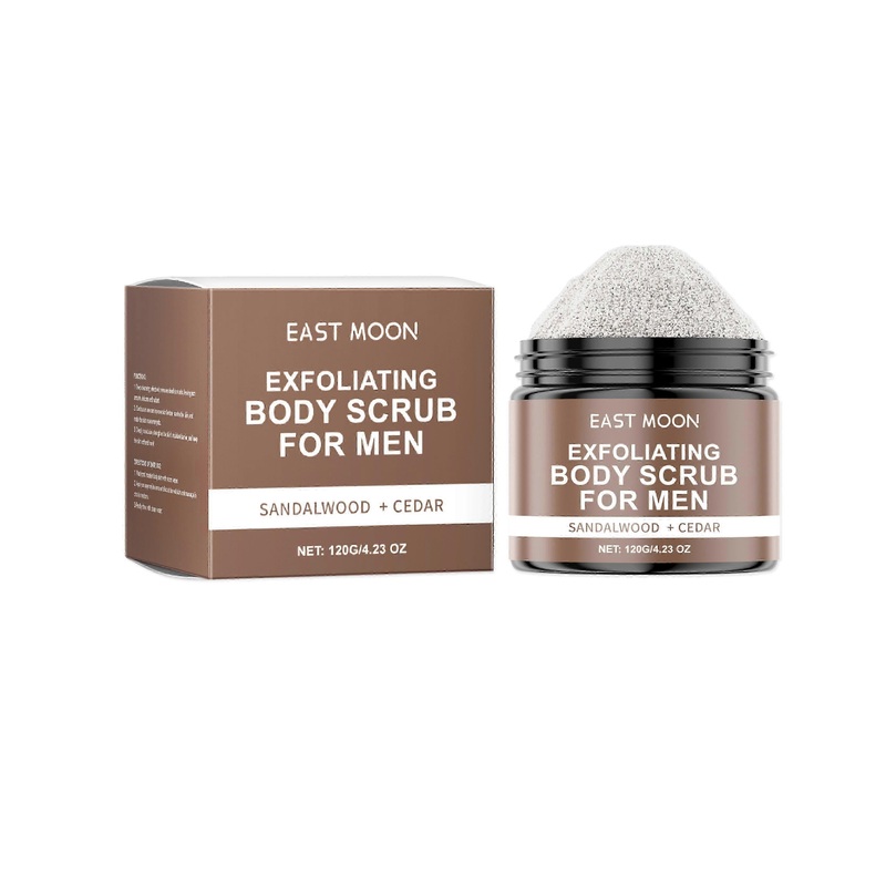 2025 East Moon Sandalwood Cedar Men’s Body Scrub is refreshing, non greasy, and gently cleanses the skin’s keratin