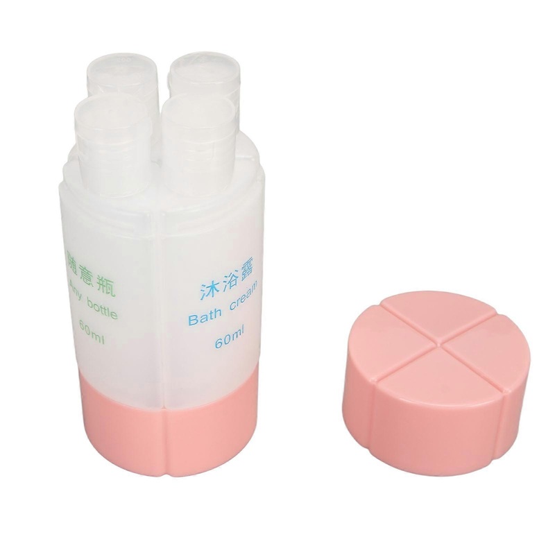 4 in 1 Travel Dispenser Pink Small Light Strong Plastic Multi Purpose Shower Bottle for Shampoo Lotion Toiletries Soap
