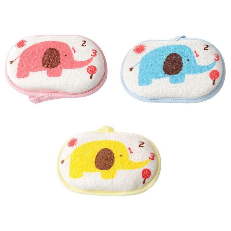 3pcs Bath Sponge Rub Sponges Cartoon Elephant Pattern Design Cushion for Kids Children (Blue, Yellow, Pink)