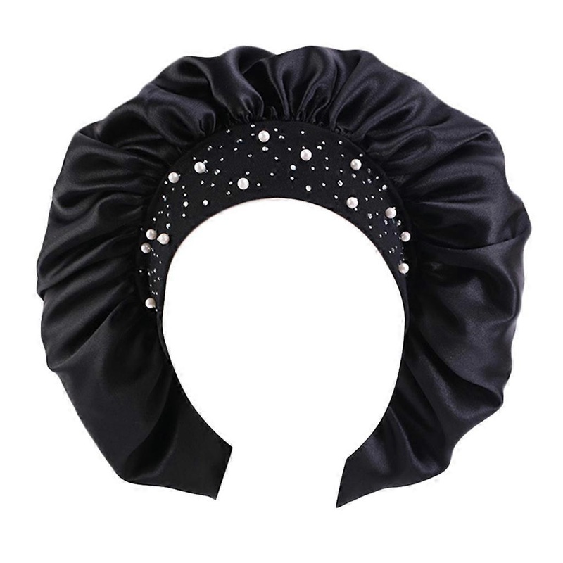Women Satin for Extra Large Bonnet Sleep Cap Shiny Drill for Rhinestone Beading Hair for Protection Turban Night Hat for  Black