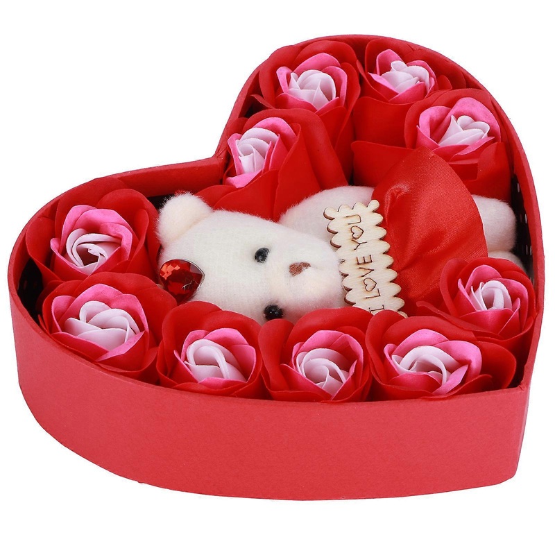 Artificial Rose Flower with Bears Gift Box Soap Flowers for Birthday Valentine’s DayMixed Red