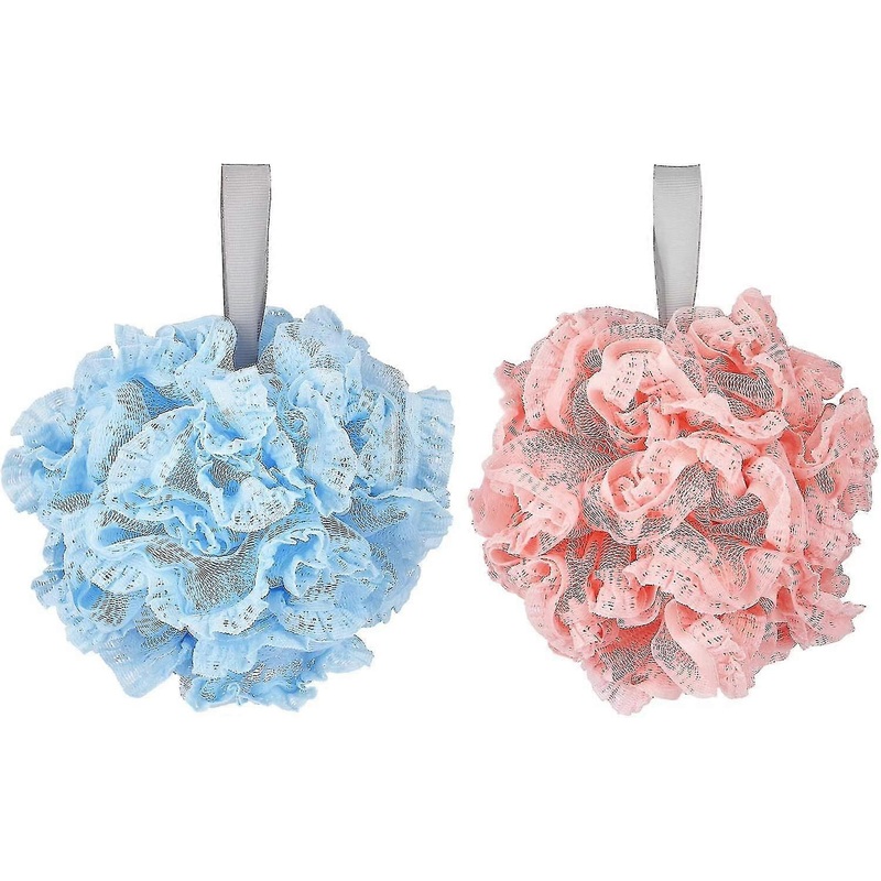 Soft Bath Lily Extra-dense Shower Ball Loofah Sponge Body Exfoliate Pouf(2 Pcs, Pink+blue)