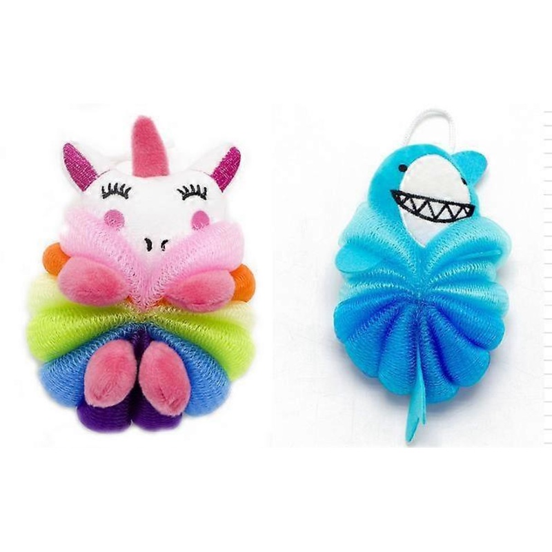 2pcs Bath Shower Loofahs Body Wash Sponge Cartoon Shark Unicorn Exfoliating Shower Sponges for Kids
