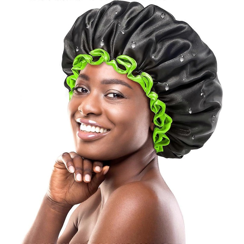 1 Pack Shower Caps for WomenBlack Green, Reusable, Double Layer, Waterproof, with Soft and Comfortable PEVA Lining, No Fade