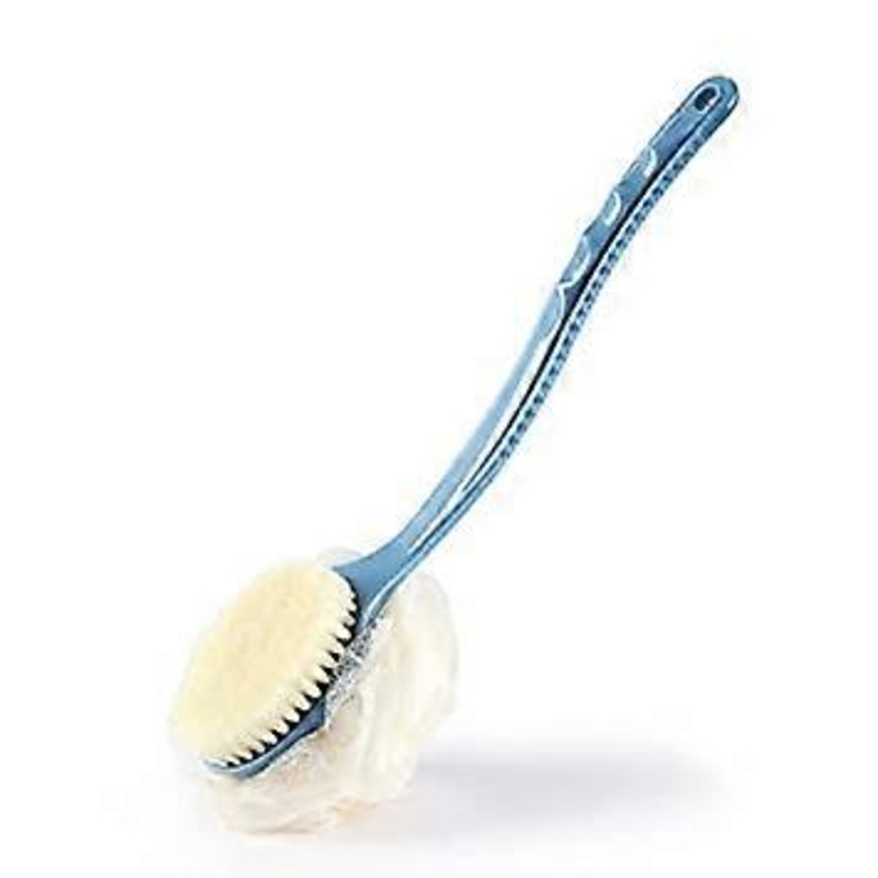 (Blue)Shower Body Brush with Bristles and Loofah,Back Scrubber Bath Mesh Sponge with Curved Long Handle for Skin Exfoliating Bath, Massage Bristles Su