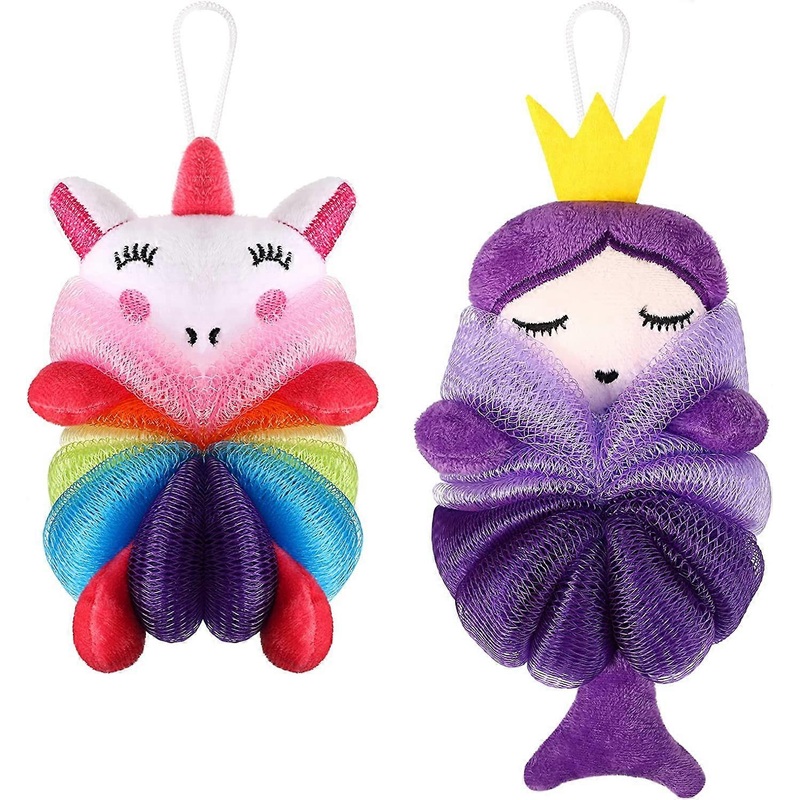 (Unicorn, Princess2 Pcs )Bath Loofahs Kids Toddler Body Loofahs Cute Cartoon Kids Loofah Kid Bath Sponges Loofah Bath Pouf Body Scrubber Mesh Loofah S