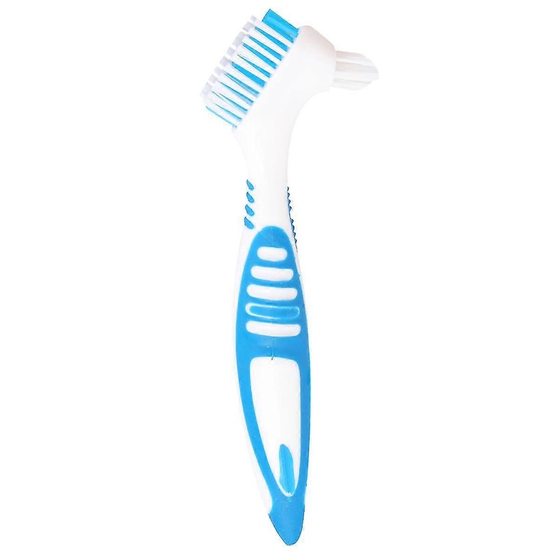 1Pc Portable Dentures Toothbrush Non-slip Design Denture Cleaning Brush Double Brush Head False Teeth Cleaning Brush with Silicone Handle Oral Care To