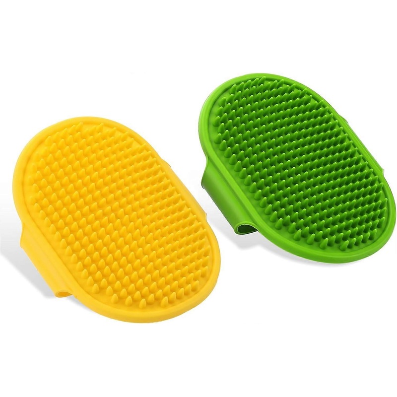 (Yellowish Green)2 Pack Silicone Rubber Bath Brush with Adjustable Strap Pet Shower Brush Puppy Massage Brush