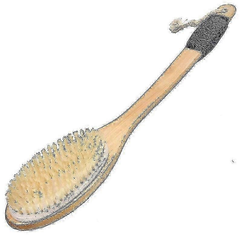 Wooden Curved Long Handle Antiskid Bath Brush for Exfoliating, Natural Bristle Scrubber for Back Use Wet or Dry