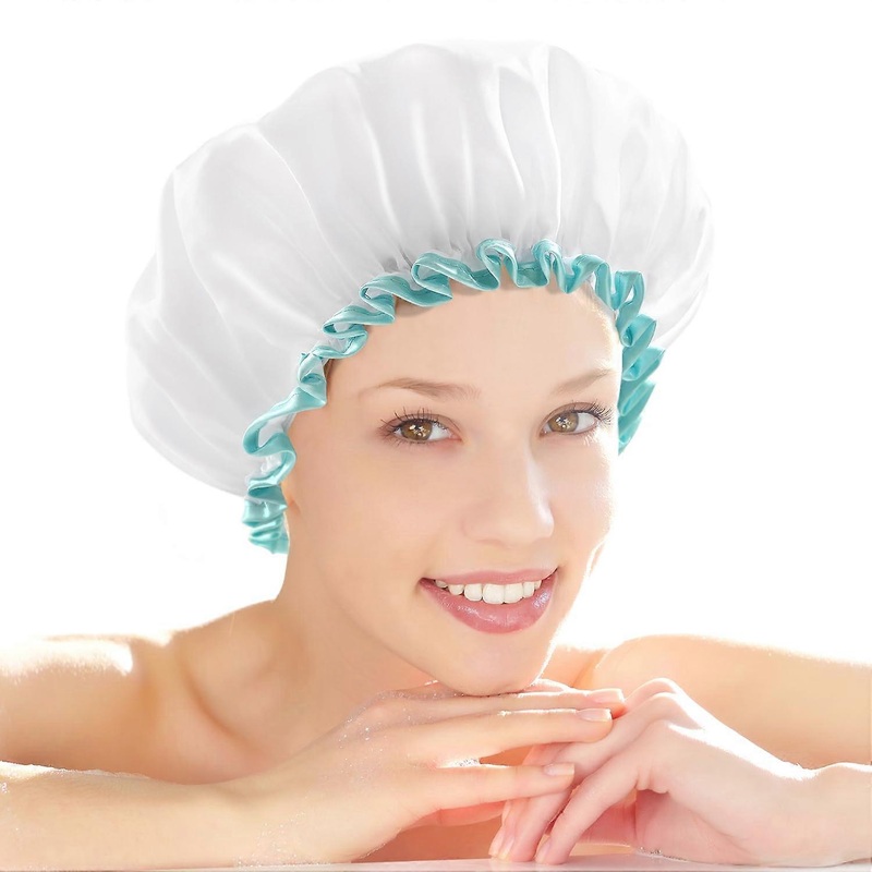 White Large Shower Cap for Women Long Hair, Reusable Waterproof Double Layer Bath Hat Soft Comfortable Lining, Green