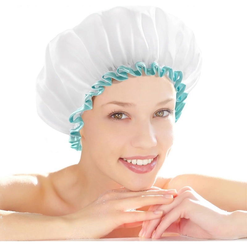 White Shower Cap for Long Hair 1-Pack, Waterproof Washable Hair Cap for Women and Girls, Extra Large