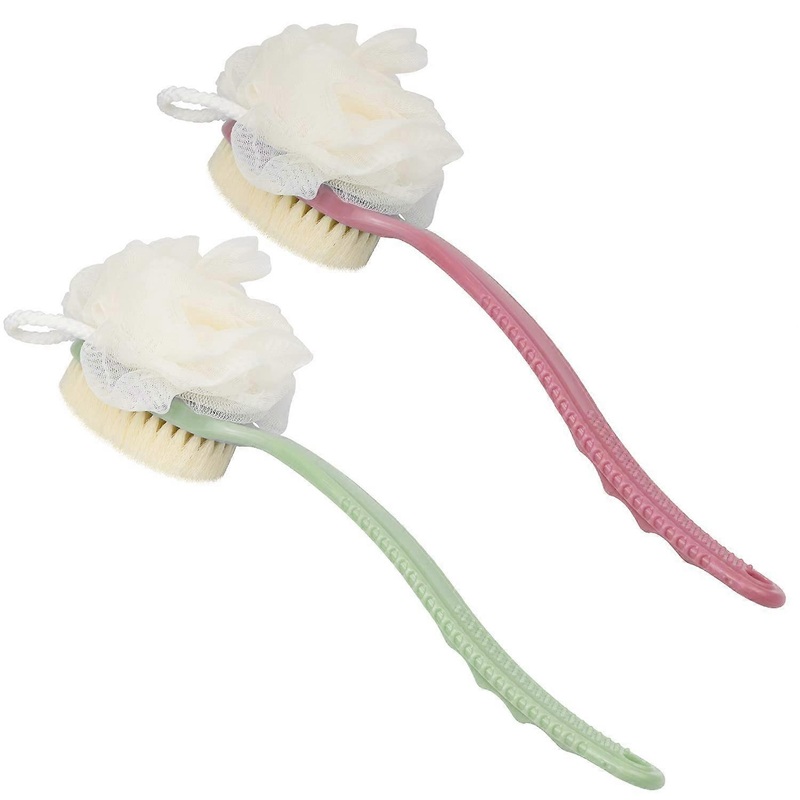 2 Pack Back Scrubber for Shower, Bath Body Brush with Bristles and Loofah, a Stick Back Washer Mesh Sponge(Green&pink)