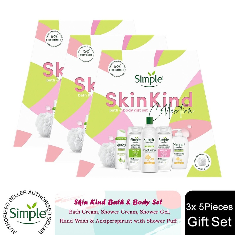 Simple Skin Kind Bath&Body Collection 5Pcs Gift Set for Her w/ Shower Puff, 3pk
