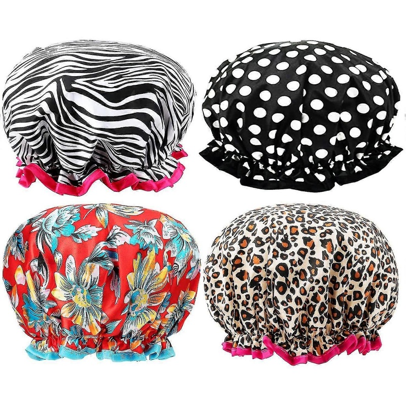 Women’s Shower Cap, Pack Of 4, Luxury Double Layer Satin Shower Cap, Children, Reusable, Waterproof, Elastic Shower Cap For Spa, Salon