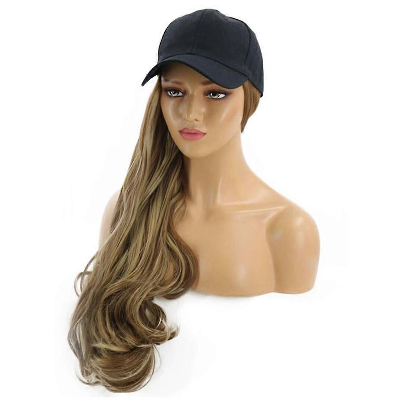 Women Hair Wig Hat Long Curly Hair Extension Heat Resistant Synthetic Fibers Gradient Brown 1Pack